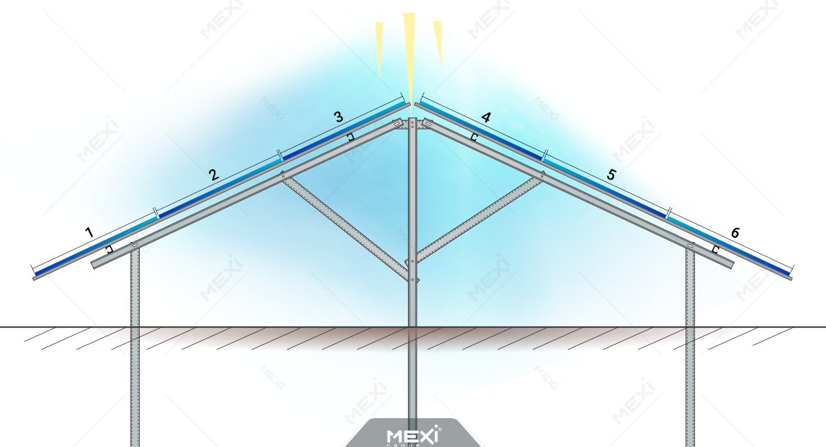 3 lábas napelem szerkezet 3x2 vízszintesen szerelt panelekhez - metszetrajz