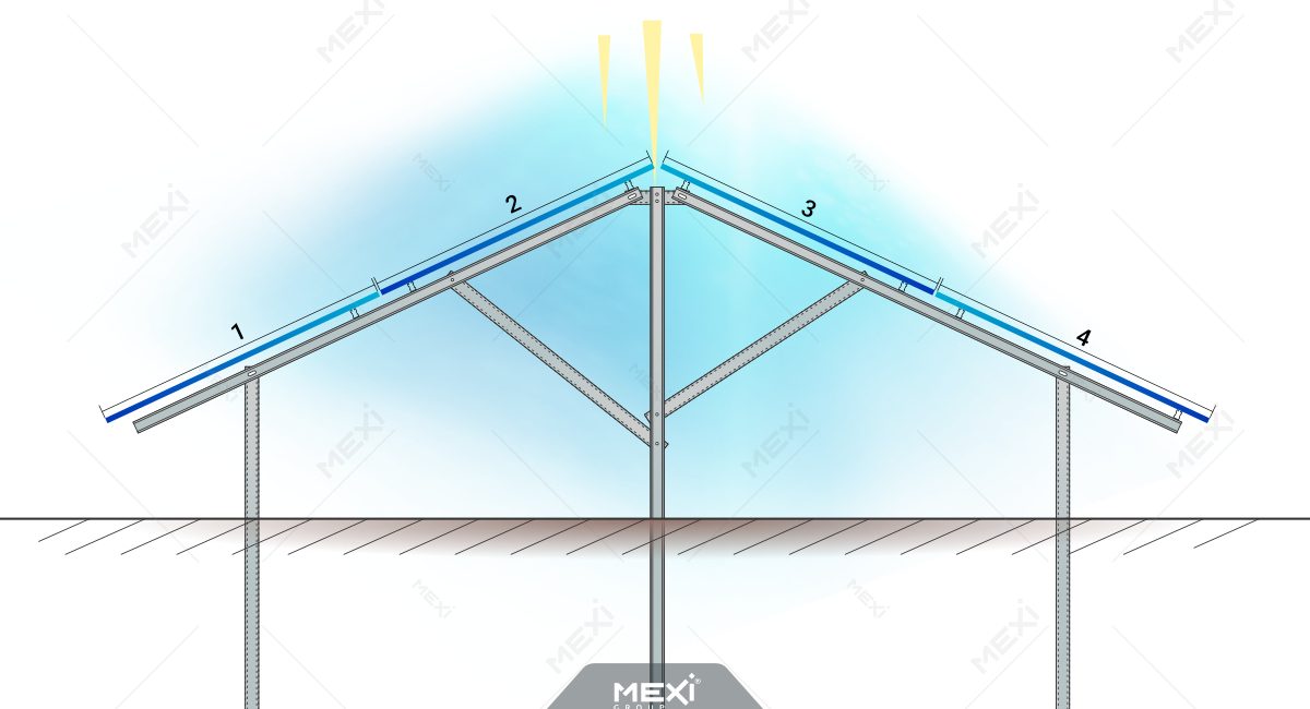 3 lábas tartószerkezet 2x2 függőlegesen orientált szolár panelhez - metszetrajz