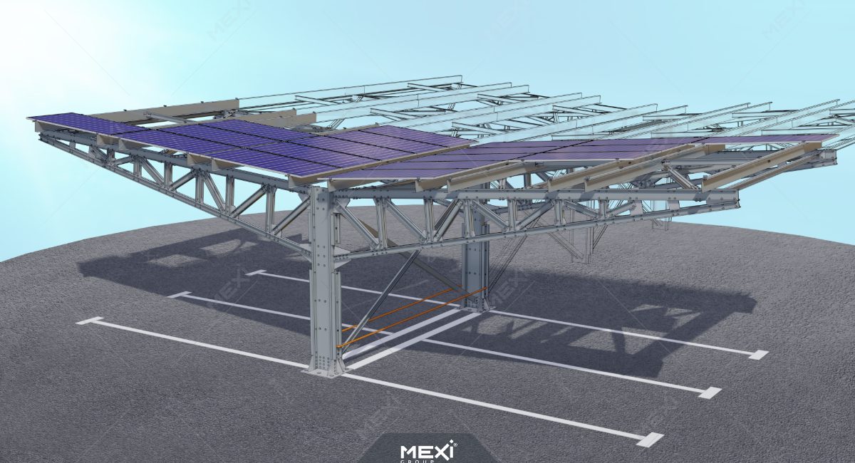 Rácsos tetős napelemes dupla autóbeálló fémszerkezet