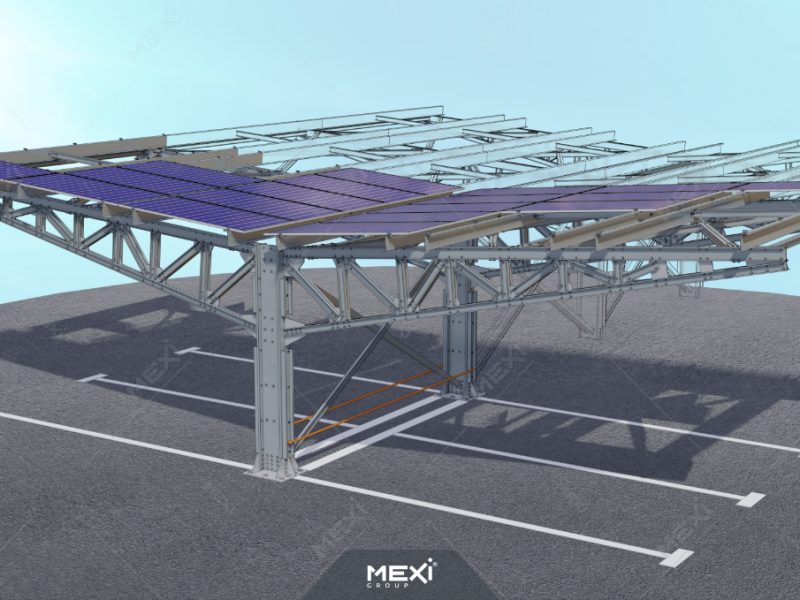 Rácsos tetős napelemes dupla autóbeálló fémszerkezet