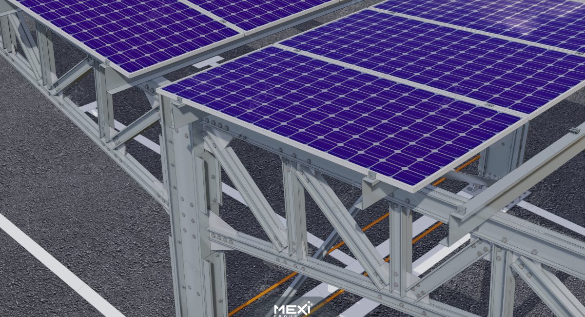 Rácsos tetős dupla autóbeálló fémszerkezet részlet