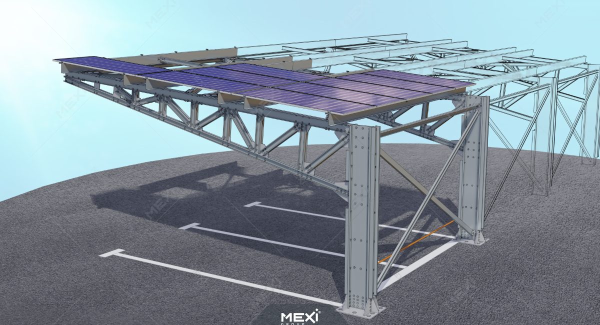 egy oszlopos rácsostetős autóbeálló fémszerkezet