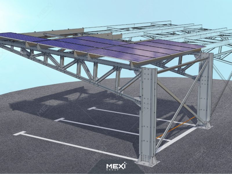 egy oszlopos rácsostetős autóbeálló fémszerkezet